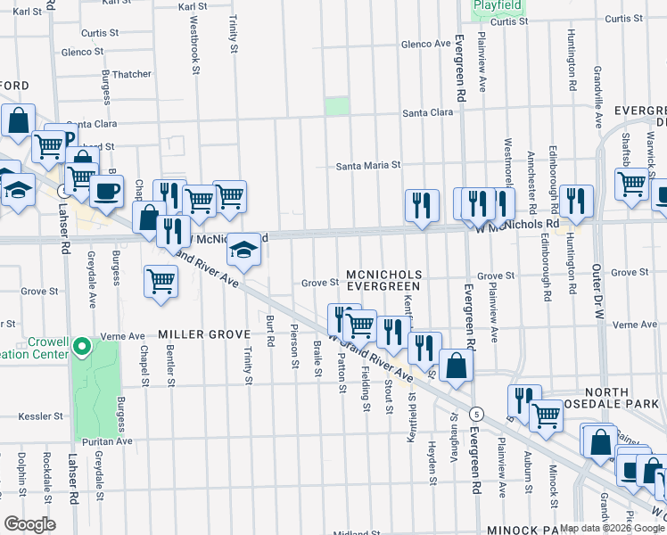 map of restaurants, bars, coffee shops, grocery stores, and more near 16850 Patton Street in Detroit