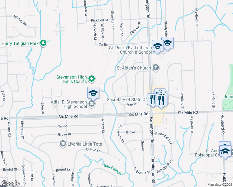 map of restaurants, bars, coffee shops, grocery stores, and more near 17334 Francavilla Drive in Livonia