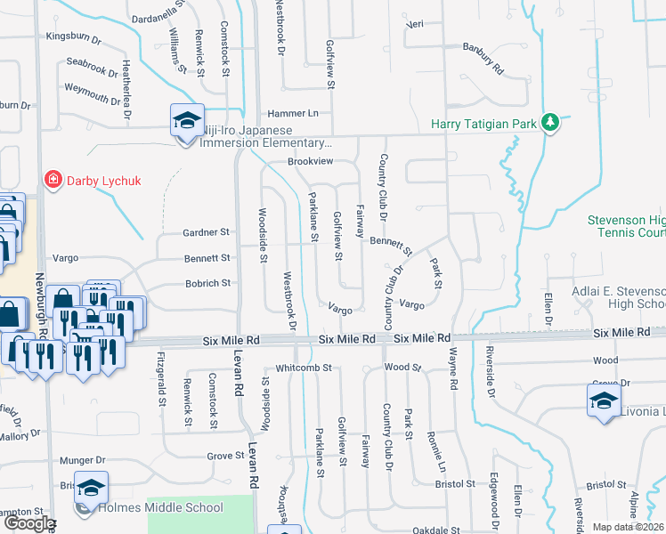map of restaurants, bars, coffee shops, grocery stores, and more near 17494 Parklane Street in Livonia