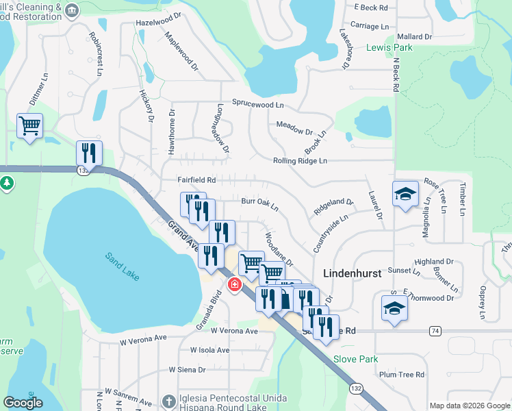 map of restaurants, bars, coffee shops, grocery stores, and more near 2012 Burr Oak Lane in Lindenhurst
