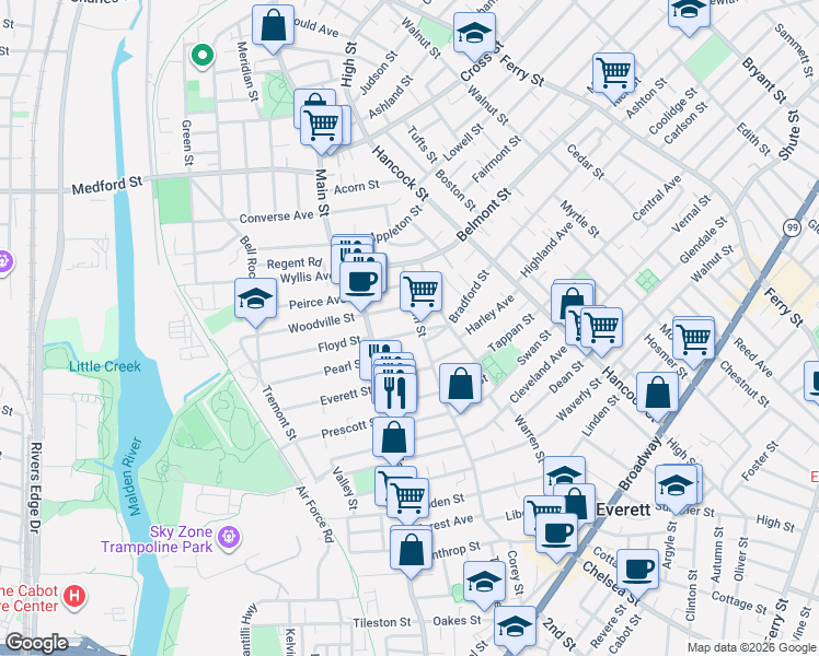 map of restaurants, bars, coffee shops, grocery stores, and more near 23 Avon Street in Everett