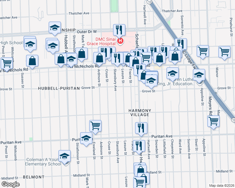 map of restaurants, bars, coffee shops, grocery stores, and more near 16660 Stansbury Avenue in Detroit