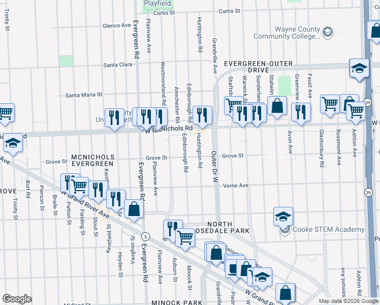 map of restaurants, bars, coffee shops, grocery stores, and more near 16835 Huntington Road in Detroit