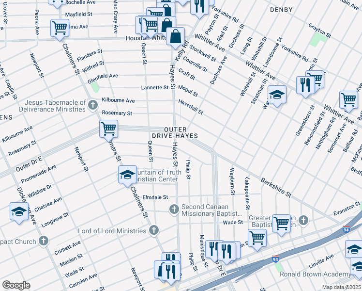 map of restaurants, bars, coffee shops, grocery stores, and more near 9900 Outer Drive East in Detroit