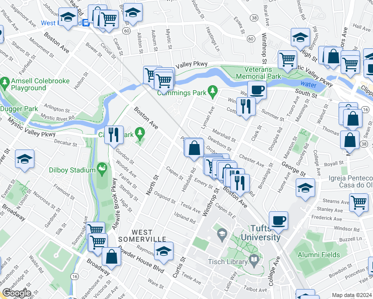 map of restaurants, bars, coffee shops, grocery stores, and more near 266 Boston Avenue in Medford