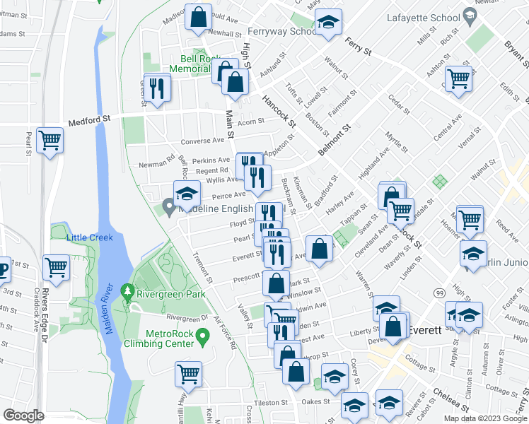 map of restaurants, bars, coffee shops, grocery stores, and more near 375 Main Street in Everett