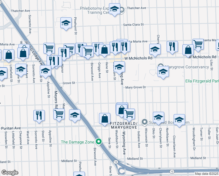 map of restaurants, bars, coffee shops, grocery stores, and more near 16612 Ilene Street in Detroit