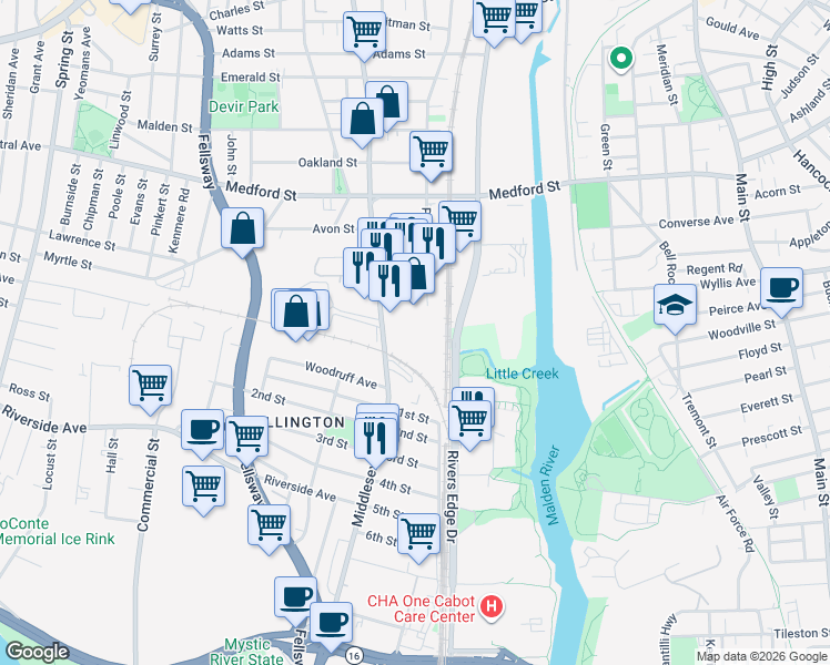 map of restaurants, bars, coffee shops, grocery stores, and more near 289 Middlesex Avenue in Medford