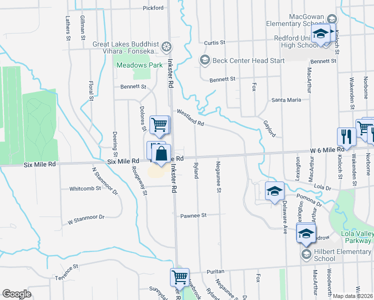 map of restaurants, bars, coffee shops, grocery stores, and more near 17153 Ryland in Redford Charter Township