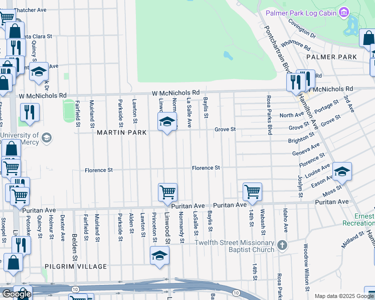 map of restaurants, bars, coffee shops, grocery stores, and more near 16604 La Salle Avenue in Detroit