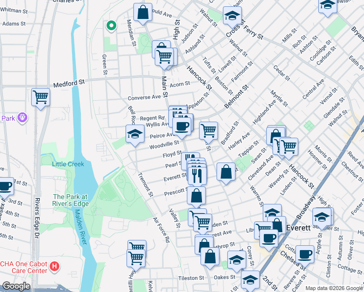 map of restaurants, bars, coffee shops, grocery stores, and more near 366 Main Street in Everett