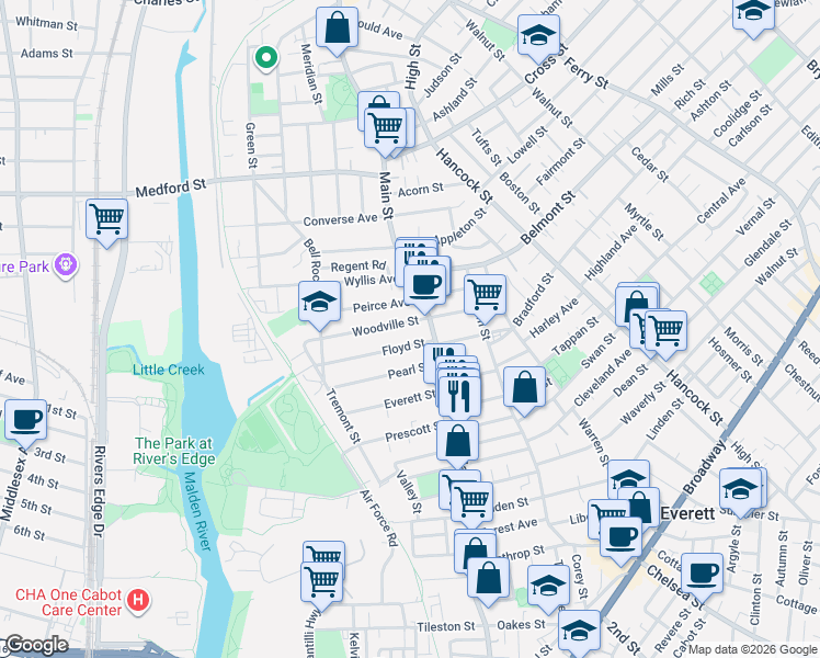 map of restaurants, bars, coffee shops, grocery stores, and more near 366 Main Street in Everett