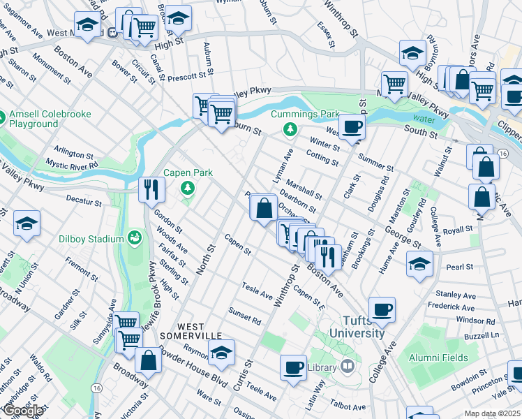 map of restaurants, bars, coffee shops, grocery stores, and more near 40 Piggott Road in Medford