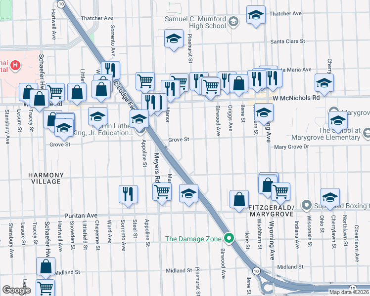 map of restaurants, bars, coffee shops, grocery stores, and more near 16654 Monte Vista Street in Detroit