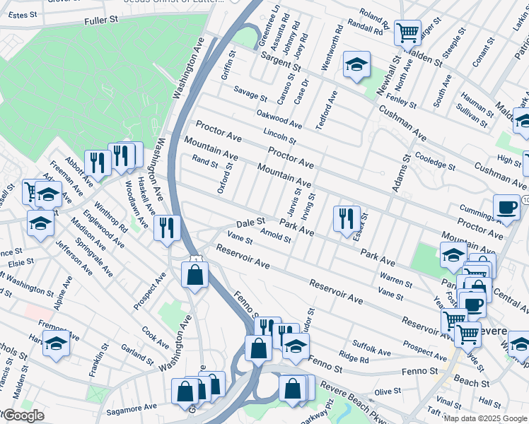 map of restaurants, bars, coffee shops, grocery stores, and more near 10 Kilburn Street in Revere