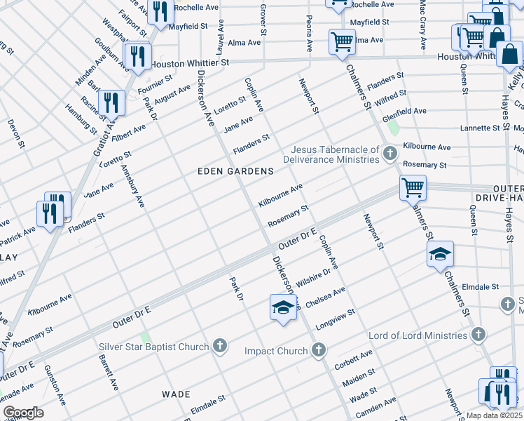 map of restaurants, bars, coffee shops, grocery stores, and more near 13020 Kilbourne Avenue in Detroit