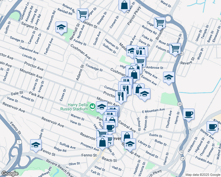 map of restaurants, bars, coffee shops, grocery stores, and more near 69 Cummings Avenue in Revere