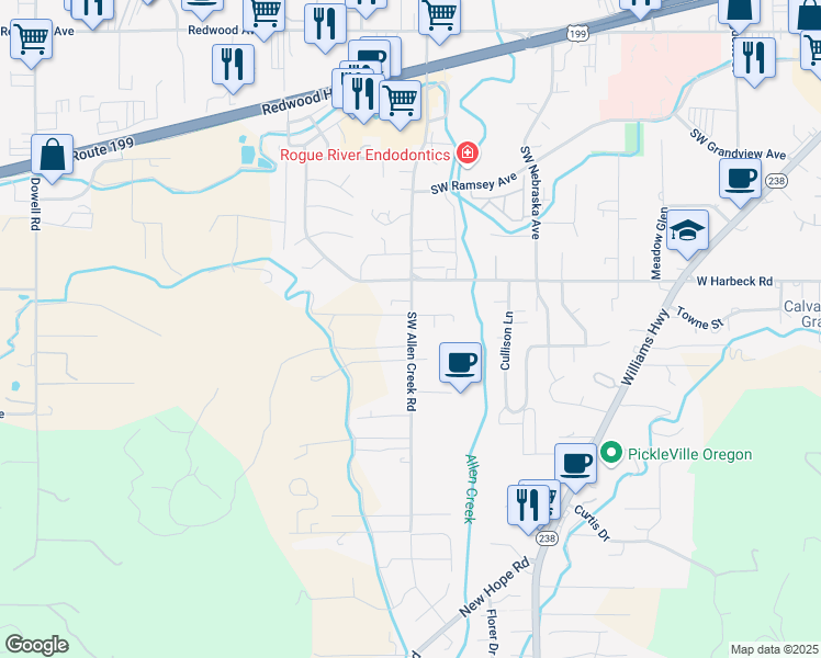 map of restaurants, bars, coffee shops, grocery stores, and more near 2077 Southwest Allen Creek Road in Grants Pass