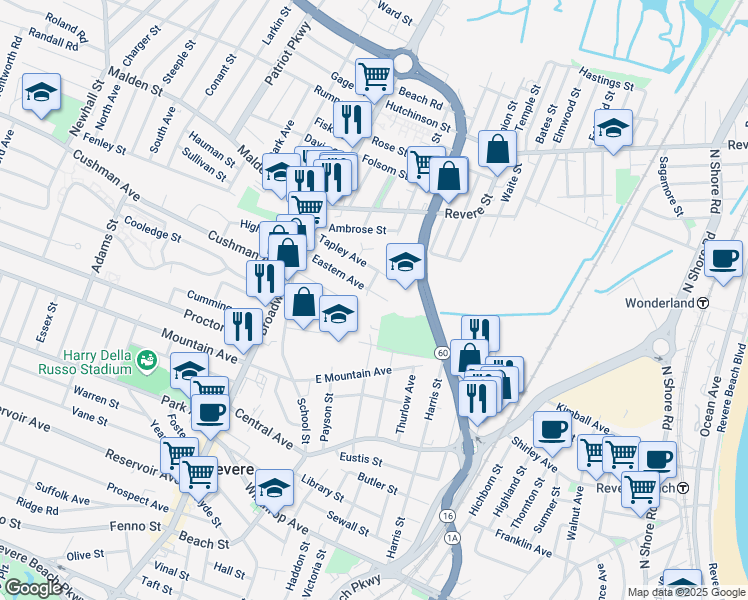 map of restaurants, bars, coffee shops, grocery stores, and more near 96 Eastern Avenue in Revere
