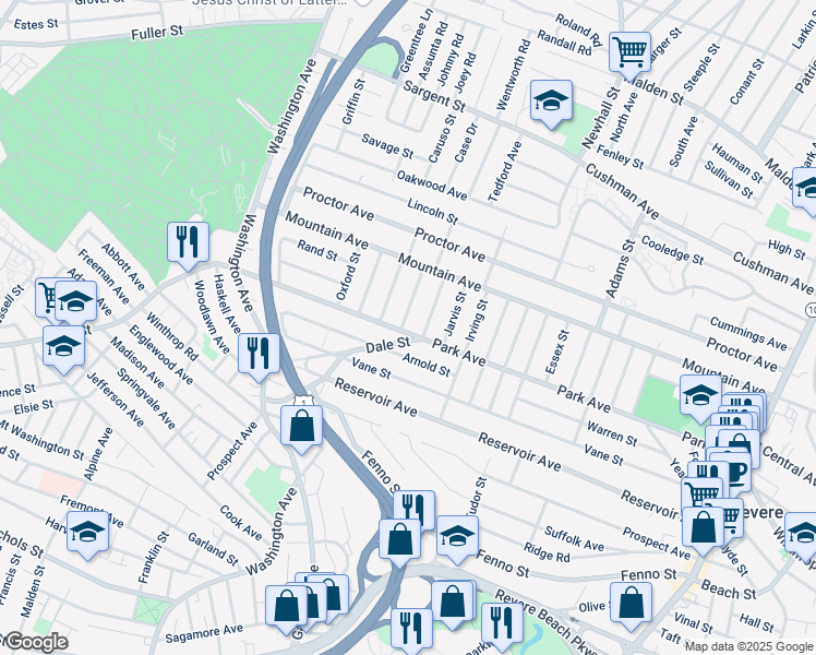 map of restaurants, bars, coffee shops, grocery stores, and more near 10 Kilburn Street in Revere