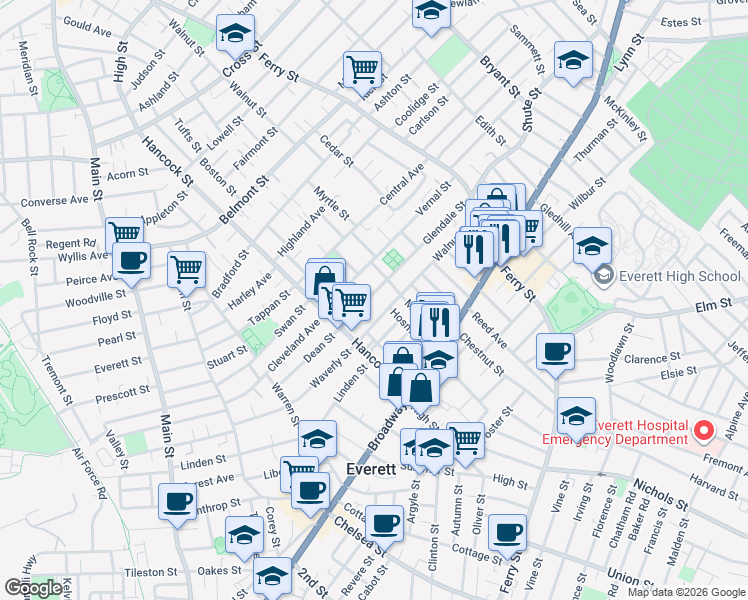 map of restaurants, bars, coffee shops, grocery stores, and more near 43 Glendale Street in Everett