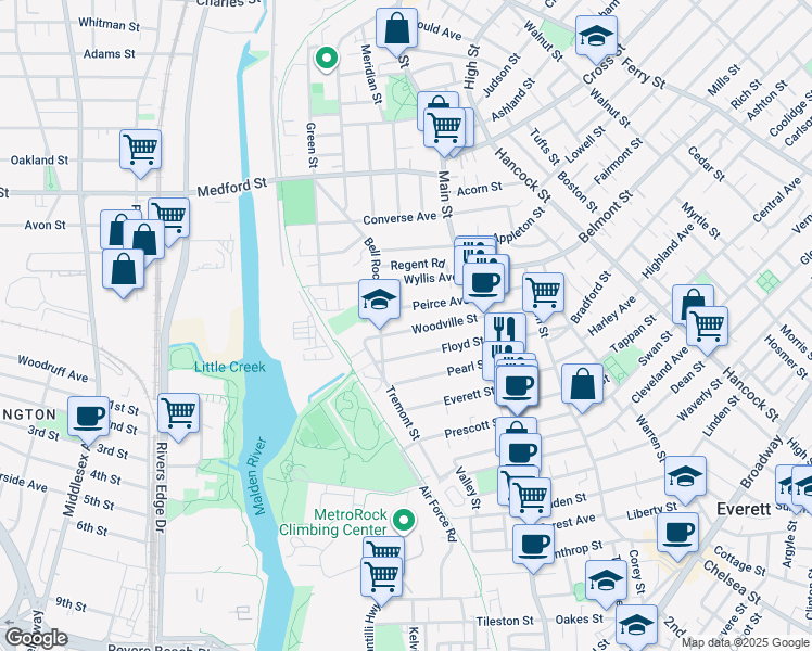 map of restaurants, bars, coffee shops, grocery stores, and more near 62 Peirce Avenue in Everett