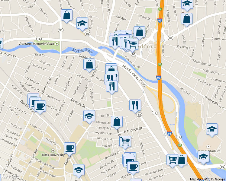 map of restaurants, bars, coffee shops, grocery stores, and more near 160 Main Street in Medford