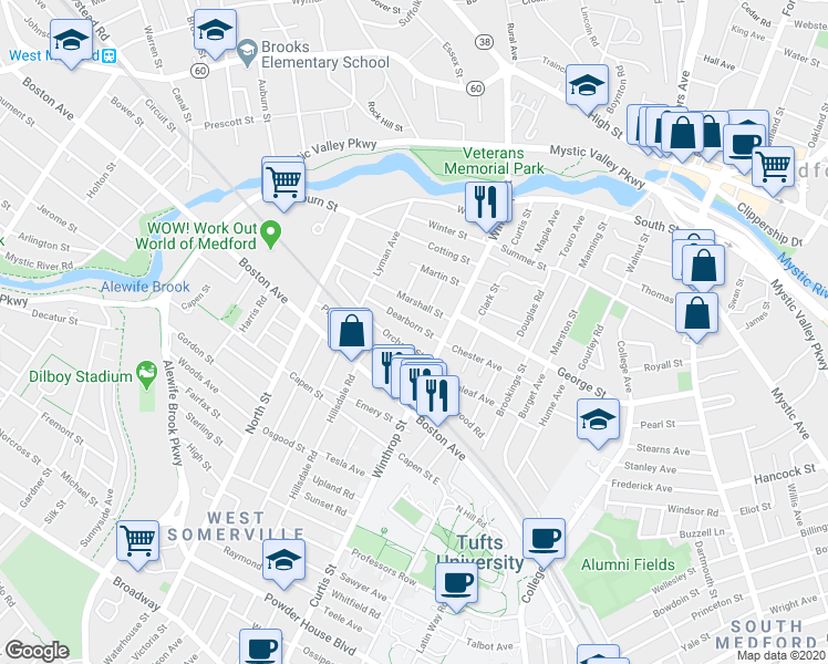 map of restaurants, bars, coffee shops, grocery stores, and more near 11 Dearborn Street in Medford