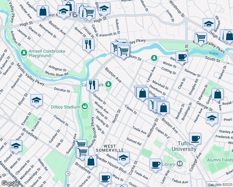 map of restaurants, bars, coffee shops, grocery stores, and more near 24 Pinkham Road in Medford