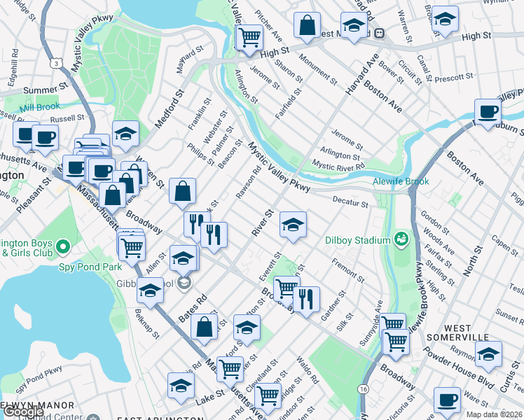 map of restaurants, bars, coffee shops, grocery stores, and more near 12 Exeter Street in Arlington