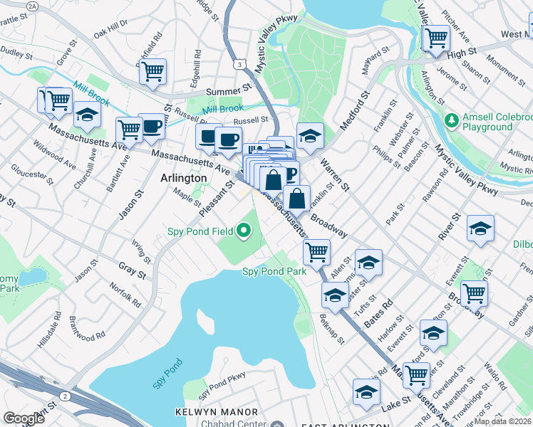 map of restaurants, bars, coffee shops, grocery stores, and more near 438 Massachusetts Avenue in Arlington