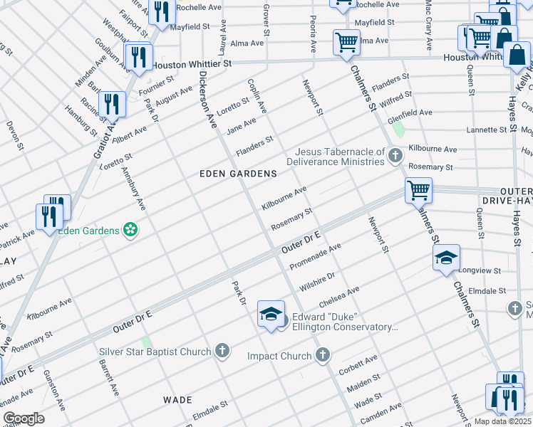 map of restaurants, bars, coffee shops, grocery stores, and more near 13020 Kilbourne Avenue in Detroit