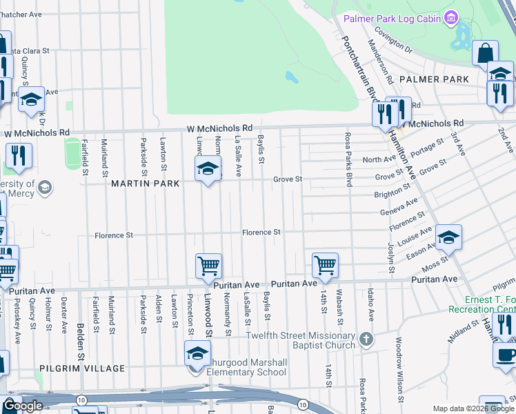 map of restaurants, bars, coffee shops, grocery stores, and more near 16592 Baylis Street in Detroit