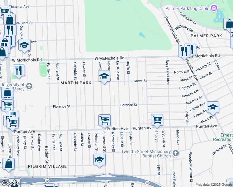 map of restaurants, bars, coffee shops, grocery stores, and more near 16604 La Salle Avenue in Detroit