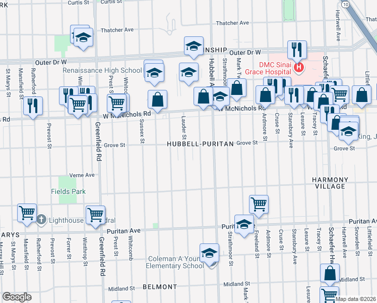 map of restaurants, bars, coffee shops, grocery stores, and more near 16686 Lauder Street in Detroit