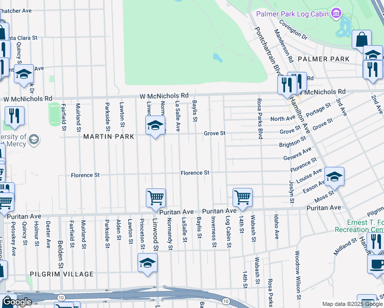 map of restaurants, bars, coffee shops, grocery stores, and more near 16592 Baylis Street in Detroit