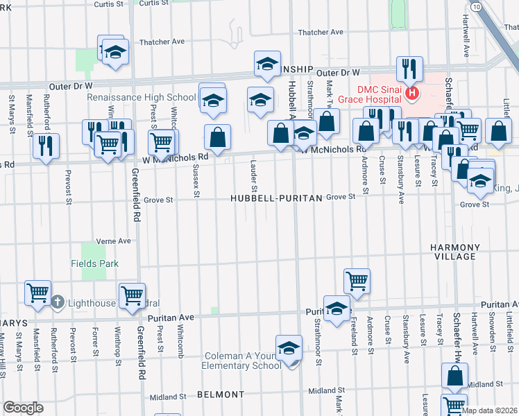map of restaurants, bars, coffee shops, grocery stores, and more near 16686 Lauder Street in Detroit
