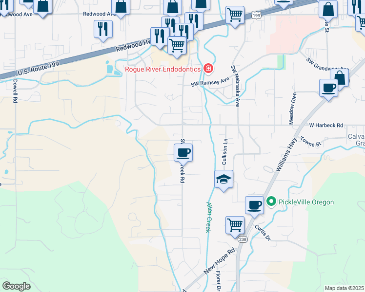 map of restaurants, bars, coffee shops, grocery stores, and more near 2077 Southwest Allen Creek Road in Grants Pass