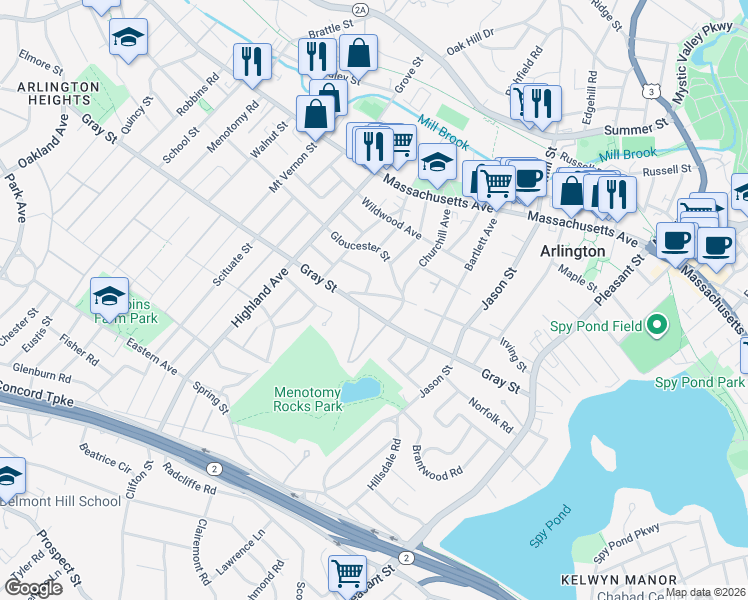 map of restaurants, bars, coffee shops, grocery stores, and more near 7 Endicott Road in Arlington
