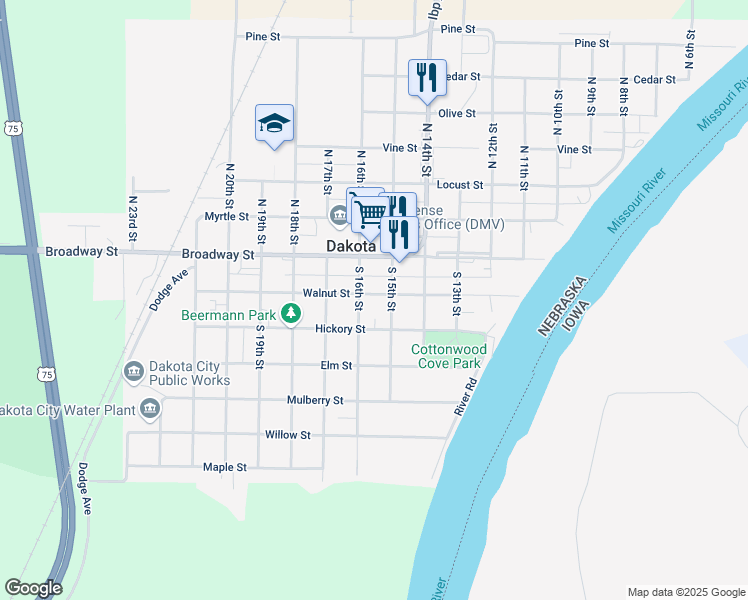 map of restaurants, bars, coffee shops, grocery stores, and more near 1512 Walnut Street in Dakota City
