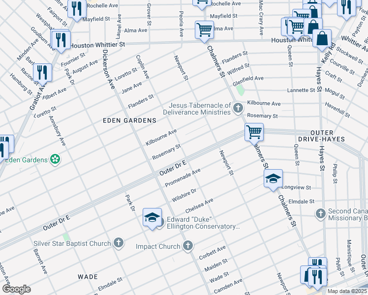 map of restaurants, bars, coffee shops, grocery stores, and more near 13300 Rosemary Street in Detroit