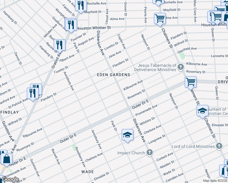 map of restaurants, bars, coffee shops, grocery stores, and more near 12801 Kilbourne Avenue in Detroit