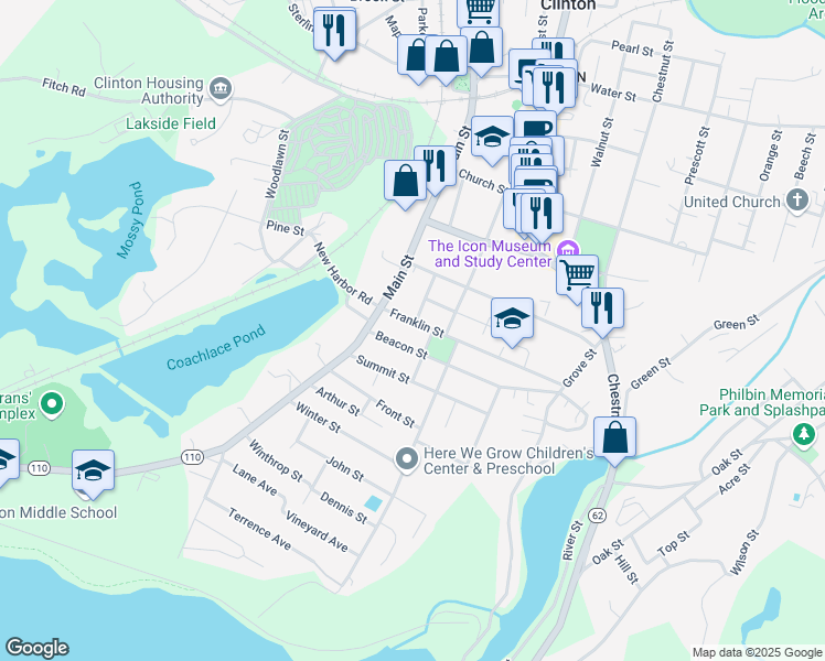 map of restaurants, bars, coffee shops, grocery stores, and more near 37 Franklin Street in Clinton