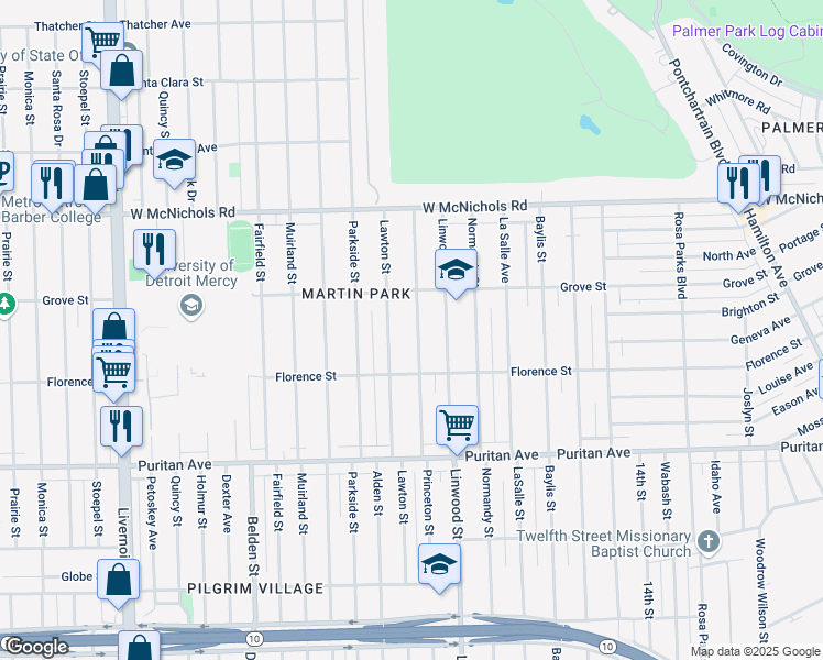 map of restaurants, bars, coffee shops, grocery stores, and more near 16585 Princeton Street in Detroit