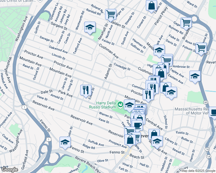 map of restaurants, bars, coffee shops, grocery stores, and more near 12 Smith St in Revere