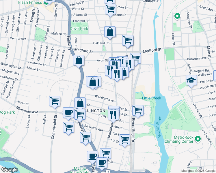 map of restaurants, bars, coffee shops, grocery stores, and more near 300 Middlesex Avenue in Medford