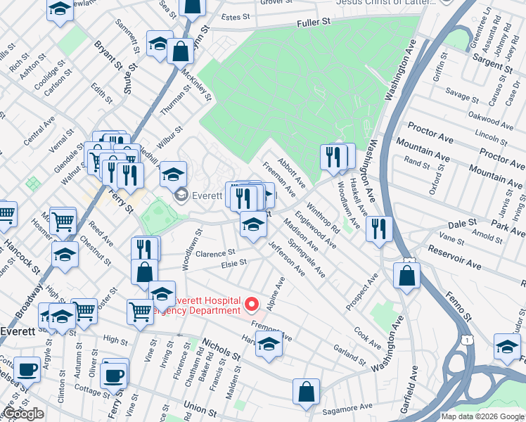 map of restaurants, bars, coffee shops, grocery stores, and more near 14 Jackson Avenue in Everett