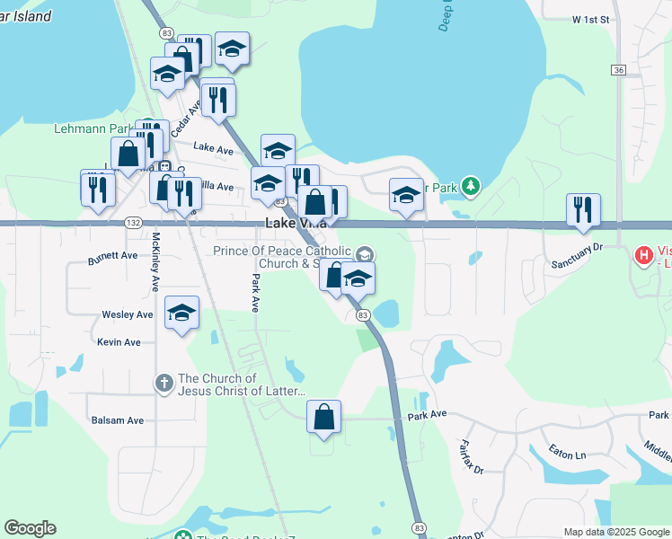 map of restaurants, bars, coffee shops, grocery stores, and more near 117 South Milwaukee Avenue in Lake Villa