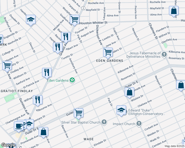 map of restaurants, bars, coffee shops, grocery stores, and more near 12617 Glenfield Avenue in Detroit