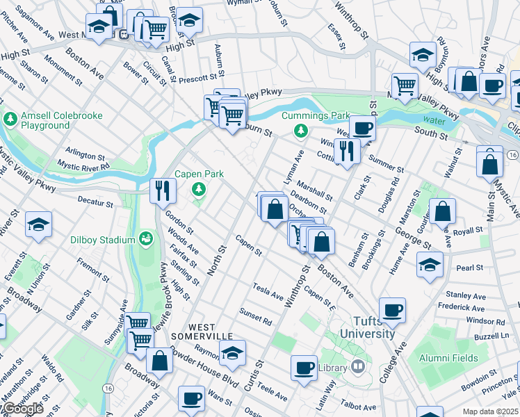 map of restaurants, bars, coffee shops, grocery stores, and more near 250 Boston Avenue in Medford